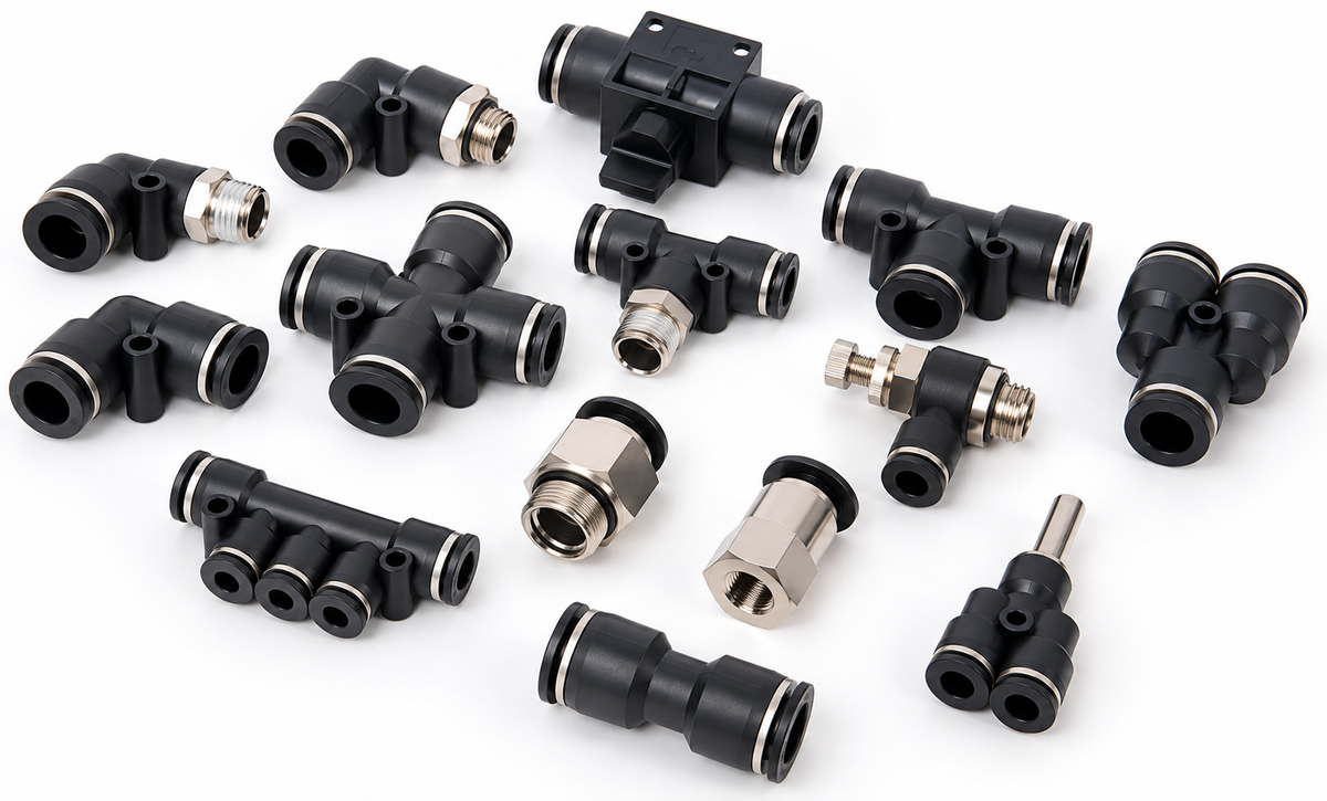 plastic pneumatic pipe fittings, threaded connectors, tee's, and unions
