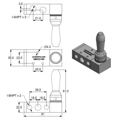 1/4" NPT 5/2 (5 port, 2 position) Detented Hand Lever Valve