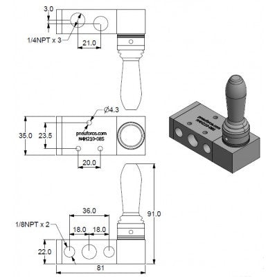 Hand Lever Valve 5/3 with Spring Return Center 1/4" NPT containing a 5 port 3 position Schematic